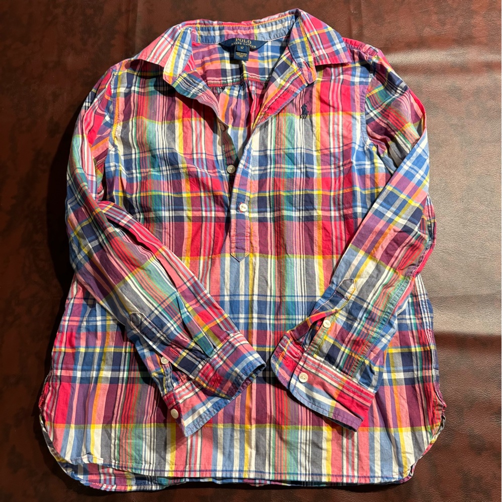 Preppy y2k Plaid Ralph Lauren Polo Half Button shirt Girls 12